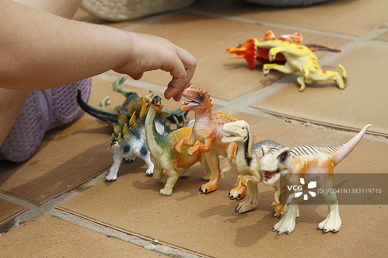 玩恐龙玩具的小手特写图片素材