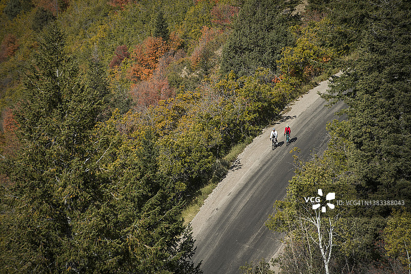 美国犹他州乡村公路骑行男女航拍图片素材