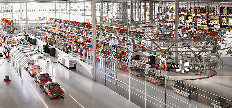 具有自动生产线的大型汽车制造厂的3D渲染图片素材