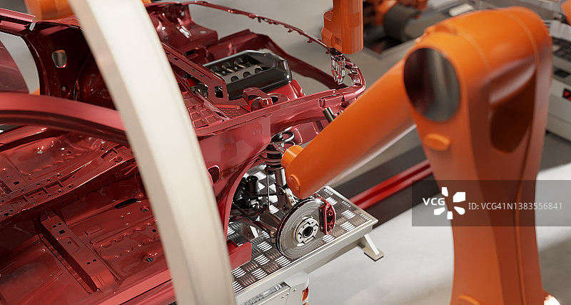 机器人在汽车生产线上工作的3D渲染图片素材