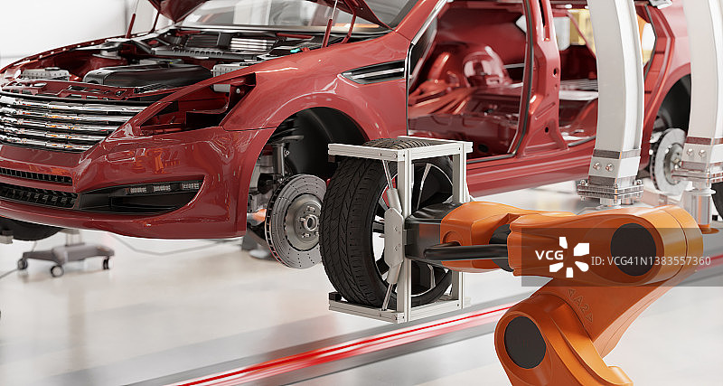 汽车工厂中的机器人装配线3D渲染图片素材