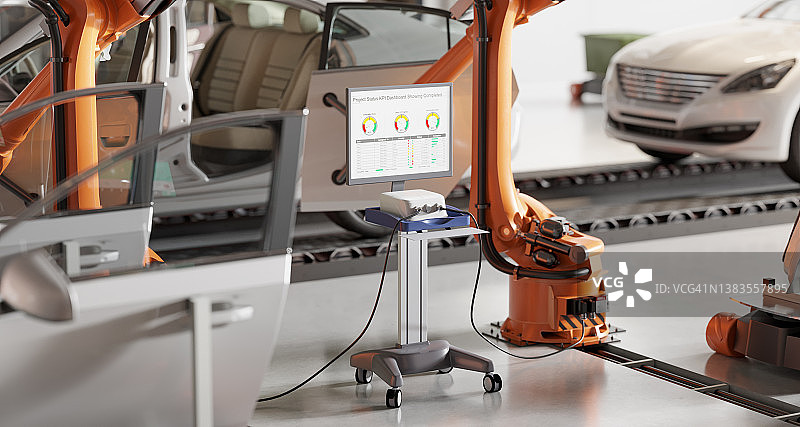 电脑生成的带有机器人手臂的汽车制造厂图像图片素材