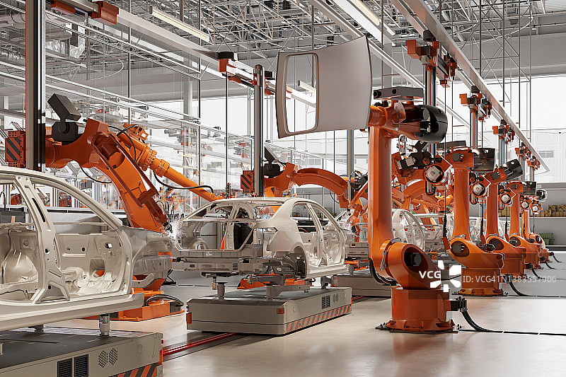 3D渲染自动化汽车生产工厂带机器人图片素材