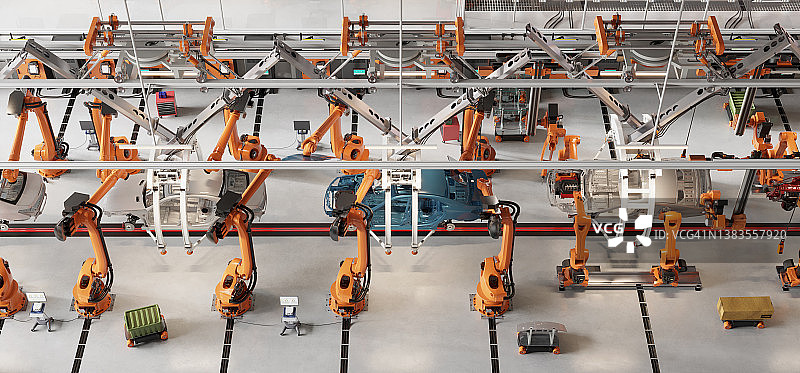 3D渲染：工厂中的汽车自动化生产线图片素材