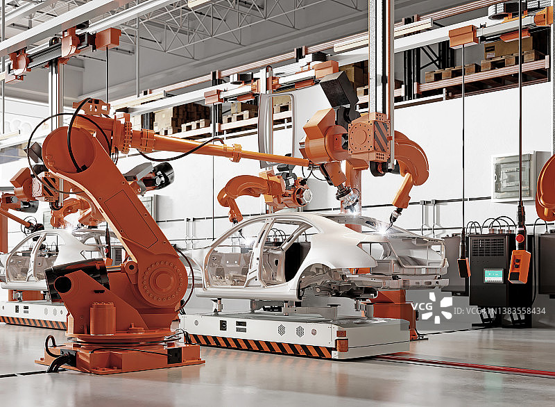 自动化生产线机械臂焊接汽车零件3D渲染图片素材