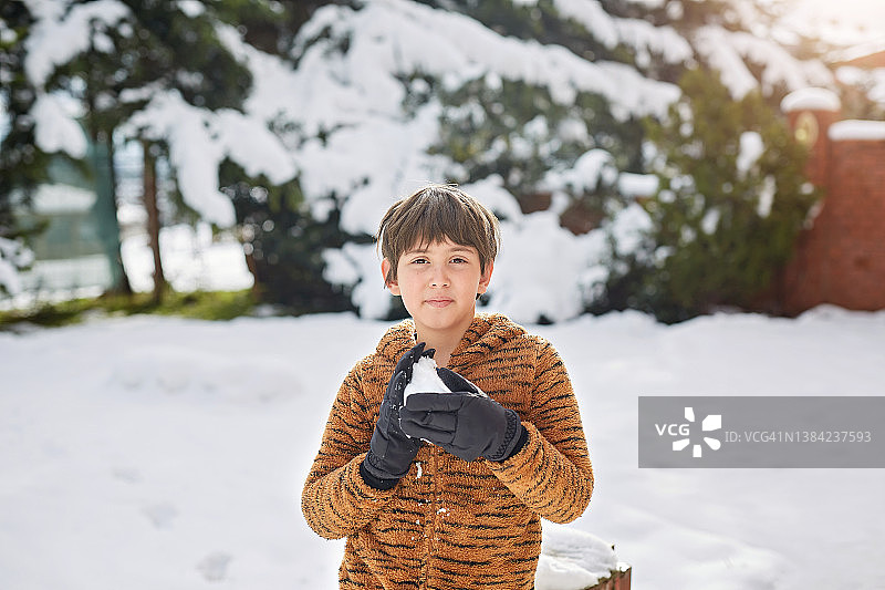 穿着老虎服装，抱着雪球的孩子图片素材
