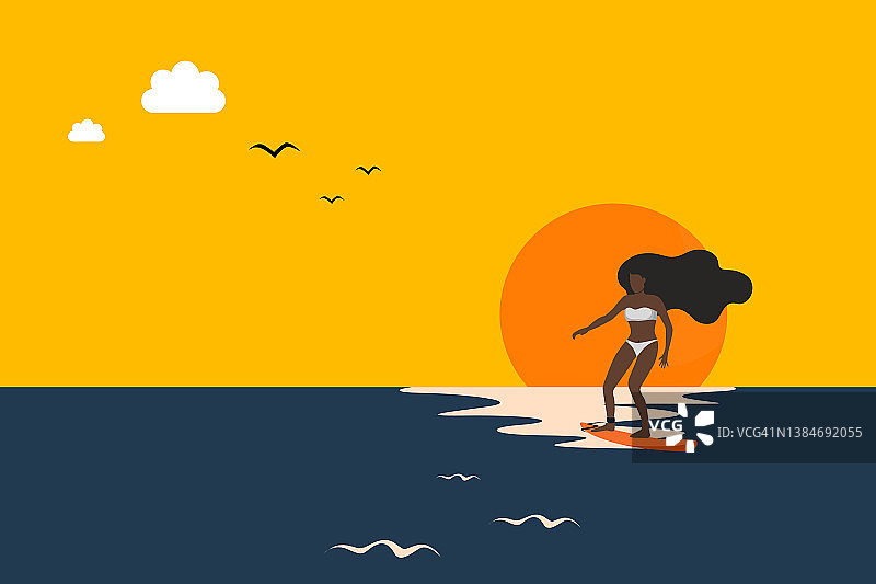 黑人妇女玩冲浪板插画概念，展现一位肤色较深的妇女在日落的阳光下享受冲浪假期图片素材
