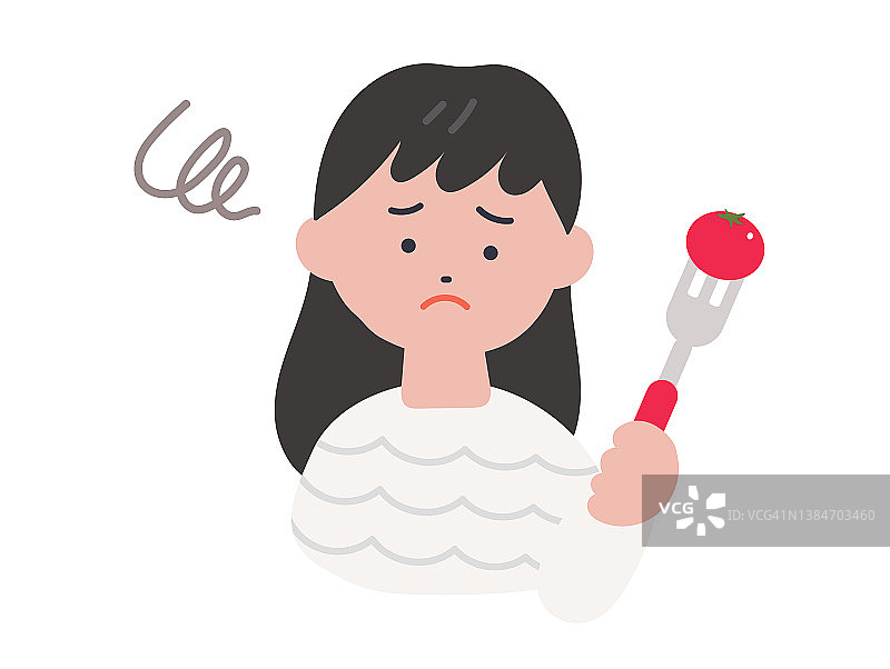 不喜欢蔬菜的女孩，插画特写小番茄。图片素材