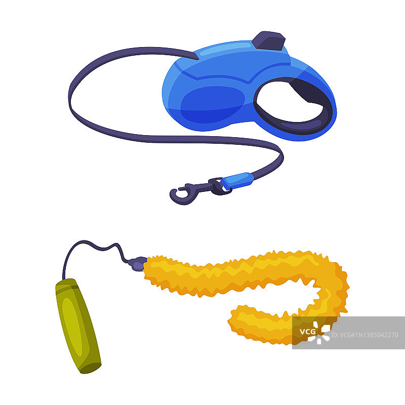 家养动物用品套装。狗的伸缩牵引绳和猫的玩具卡通矢量插图图片素材