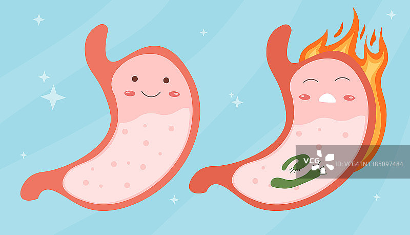 微笑的健康胃和悲伤的生病胃卡通形象图片素材