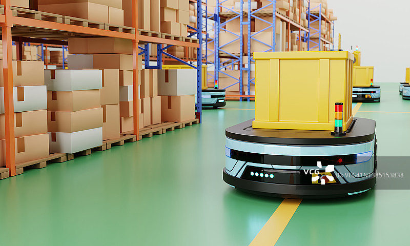 仓库中运输包裹和库存的自动机器人，具有复制空间。自动化AGV存储车辆。技术创新和产业概念。3D插图渲染图片素材