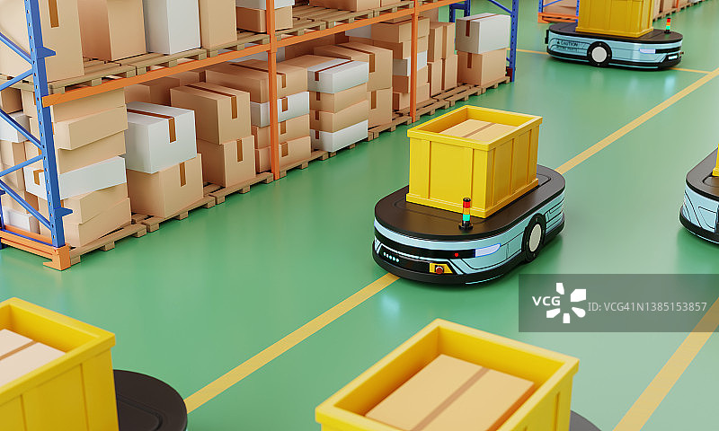 仓库中运输包裹和库存的自动机器人和自动驾驶叉车图片素材