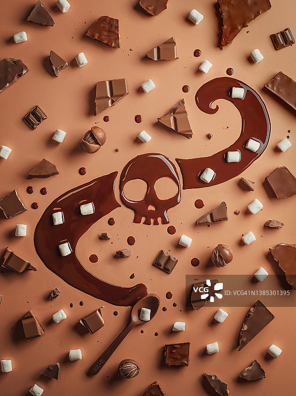 巧克力骷髅头与糖果图案，糖分危害概念创意平铺图片素材