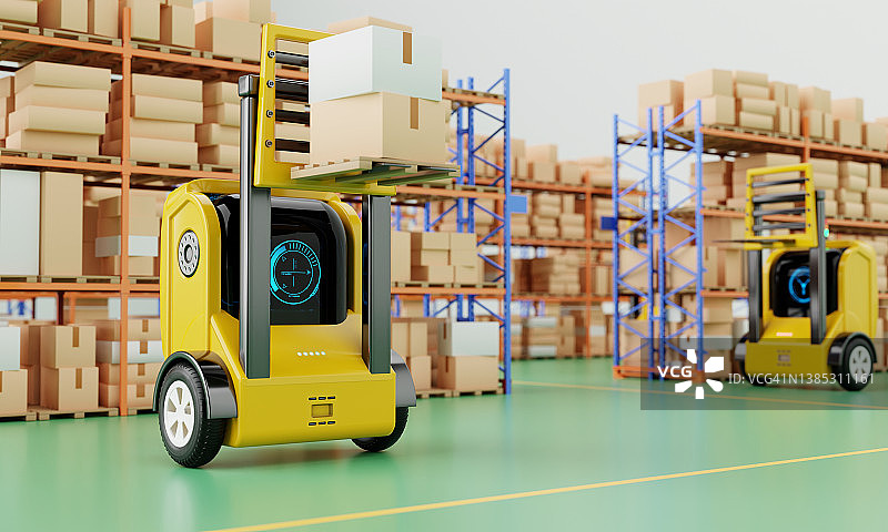 自动驾驶叉车机器人在仓库中运输包裹和库存：自动化AGV存储车辆，技术创新和工业概念，3D渲染图图片素材