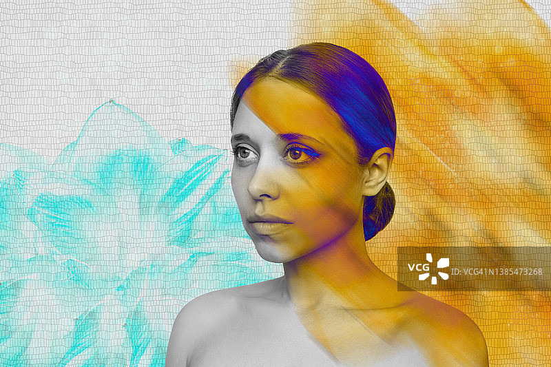 年轻有魅力的白人女性抽象彩色肖像现代设计图片素材