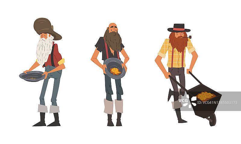 留着胡子的男性探矿者采金，拉着独轮车并拿着矿盘矢量图图片素材