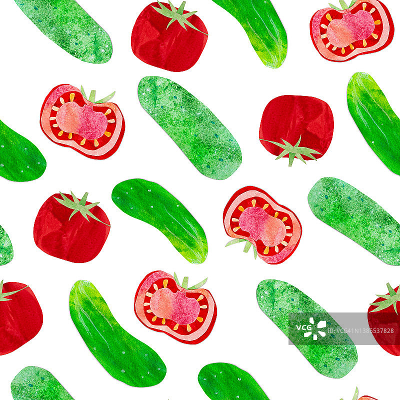 手绘水彩番茄黄瓜沙拉无缝图案图片素材