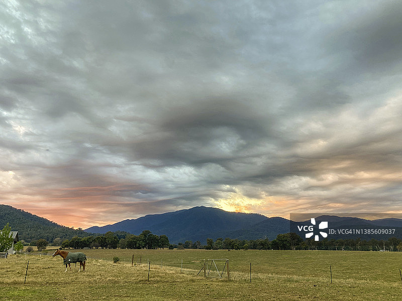 博贡山上的红色日出，维多利亚州基瓦山谷图片素材