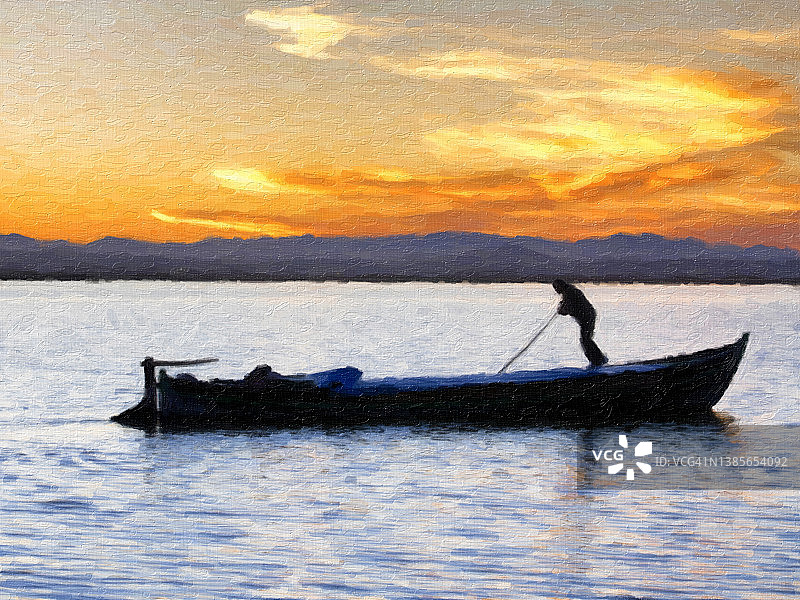 油画：湖上划船的男子与日落风景图片素材