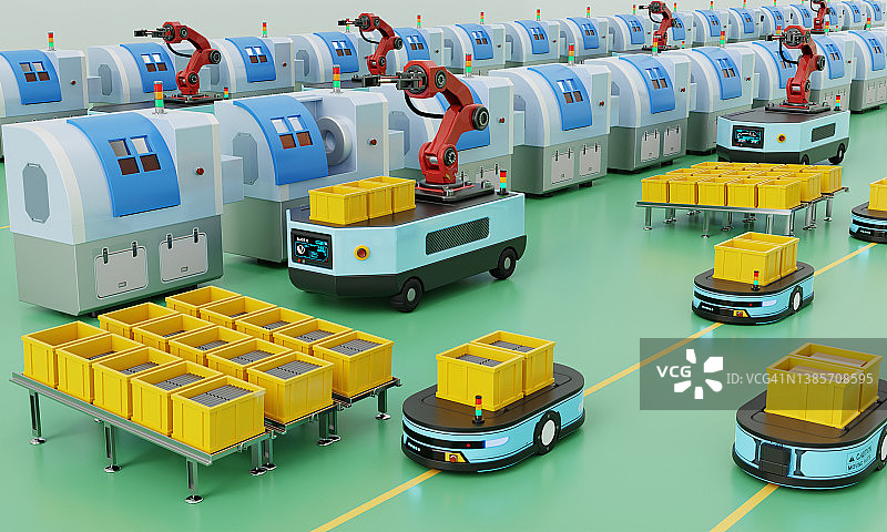 带机器人的自动批量生产线3D渲染图片素材