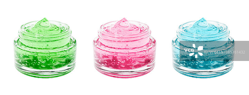 多种颜色保湿面部精华液玻璃瓶白色背景banner：透明质酸抗菌凝胶化妆品护肤品图片素材