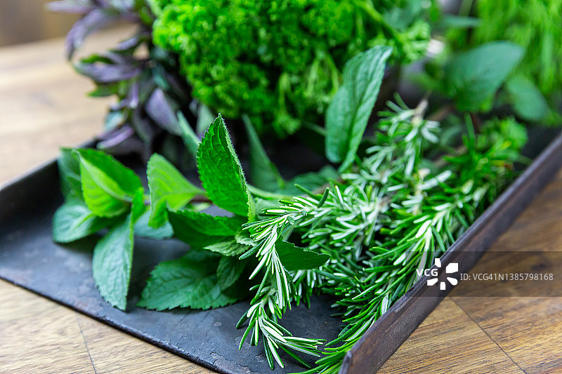 托盘上摆放的什锦新鲜绿色香草图片素材