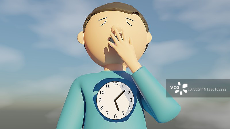 打哈欠的男人展示胸腔内的时钟图片素材