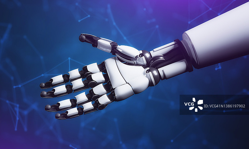 机械臂与蓝色科技背景握手3D渲染图图片素材