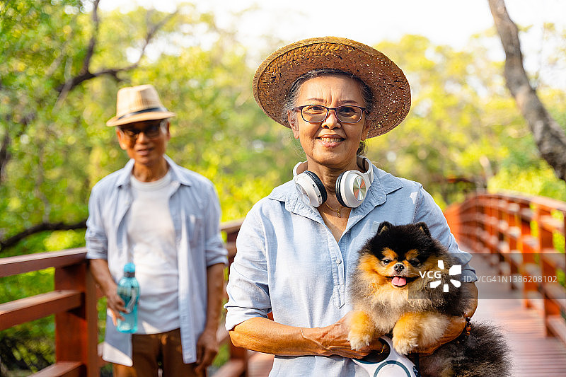 老年夫妇在红树林公园遛狗图片素材