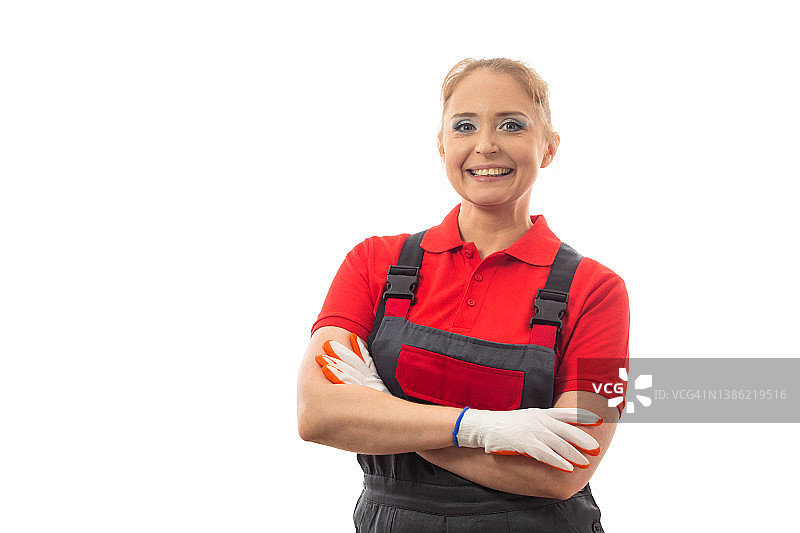 在白色背景下隔离的女工人图片素材