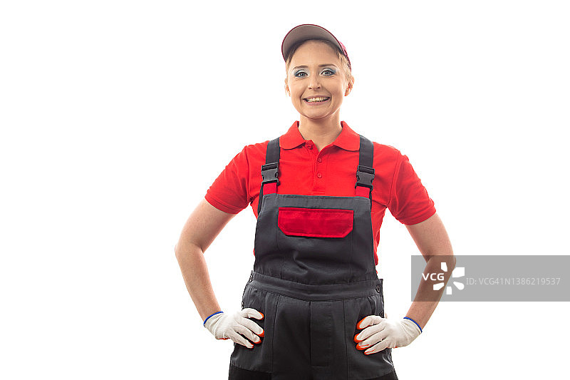 在白色背景下隔离的女工人图片素材