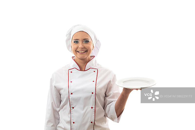 在白色背景上隔离的女性厨师图片素材