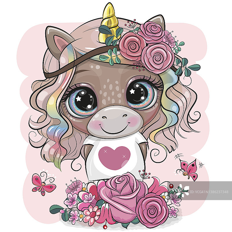 卡通独角兽带花朵粉色背景图片素材