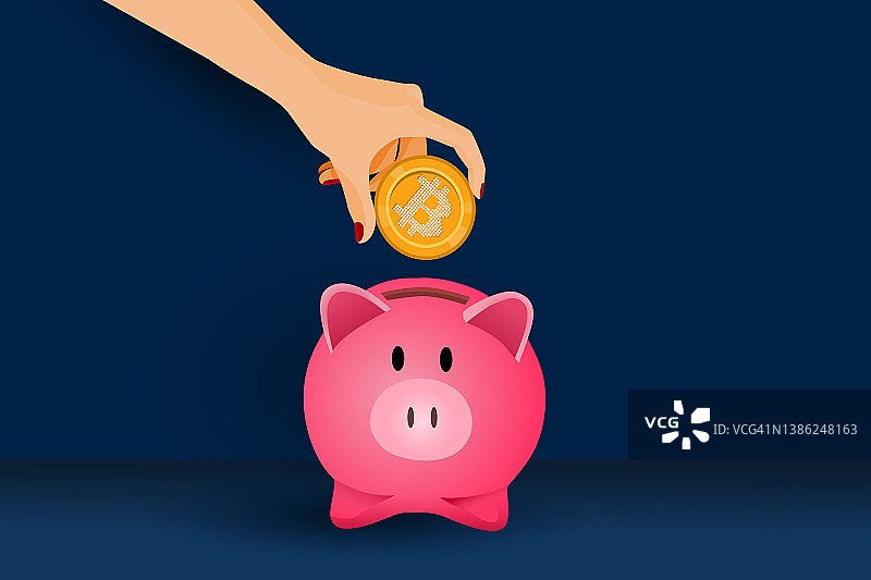 加密货币概念插图：一位女性将比特币符号放入粉色小猪存钱罐，意味着交易加密货币进行投资图片素材