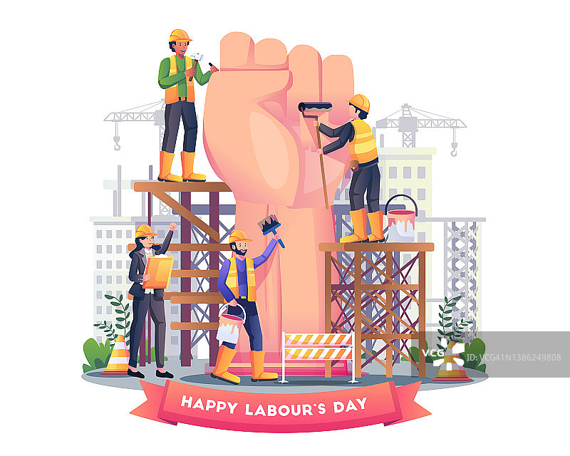 建筑工人正在建造一个巨大的拳头手臂，庆祝5月1日劳动节。扁平风格矢量插画图片素材