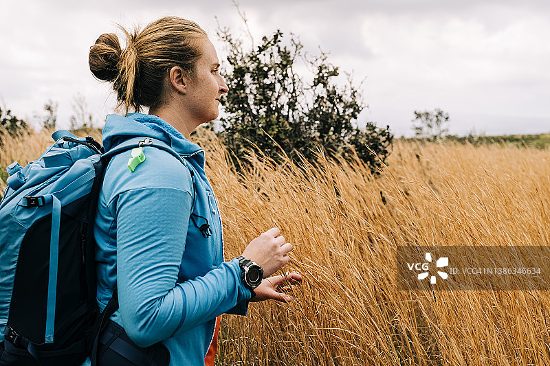 夏威夷，年轻女子眺望黄色草地图片素材