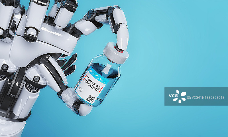 机器人手臂拿着一种针对非免疫患者的新型冠状病毒疫苗。创新技术和医疗保健概念。3D图图片素材