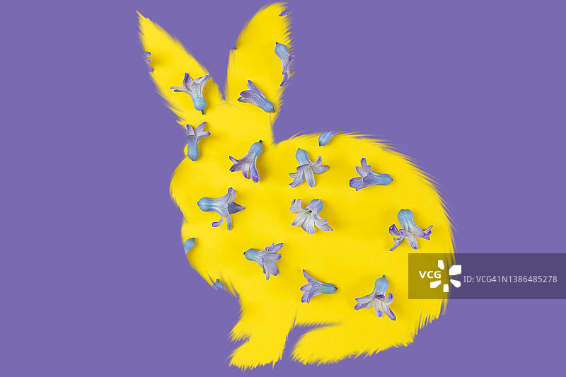 紫色背景上风信子花瓣组成的兔子形状图片素材