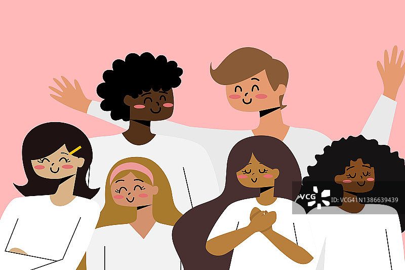 黑人、亚裔及其他少数族裔插画概念通过粉红色的背景展示不同肤色和长相的人的种族差异，从而创造出不同的种族背景。图片素材