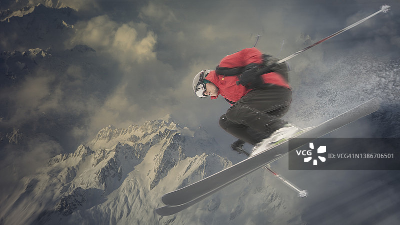 滑雪者跳跃在雪坡上图片素材