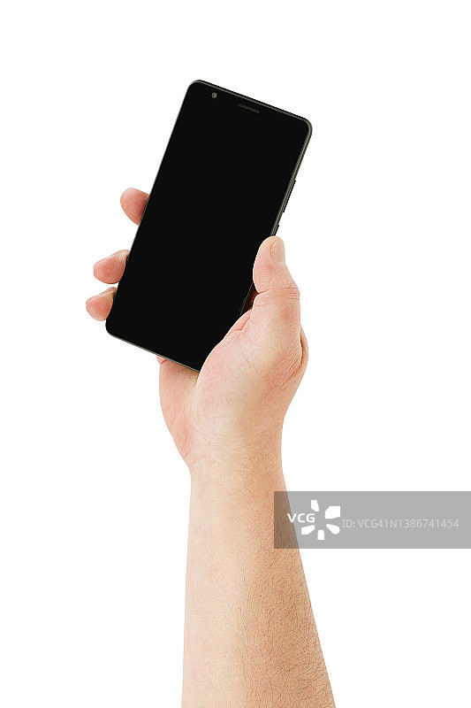 男人手持手机特写，白色背景隔离图片素材