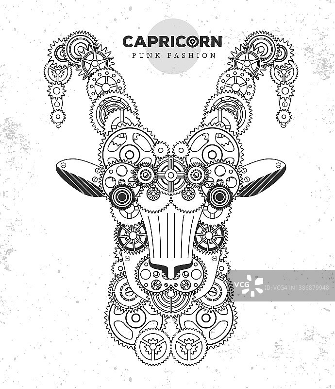带齿轮的山羊面部轮廓，朋克风格，摩羯座或盘羊头部，矢量图图片素材