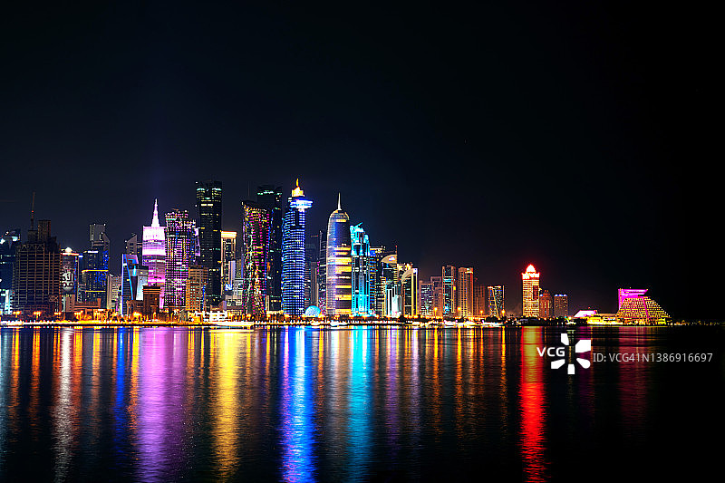卡塔尔多哈市中心日落后的天际线图片素材
