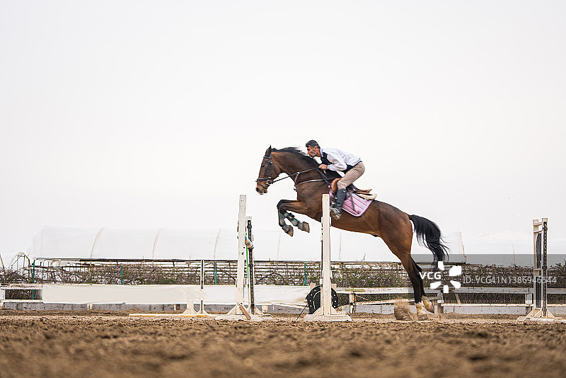 马术障碍赛——骑手跃过障碍的马匹侧视图图片素材