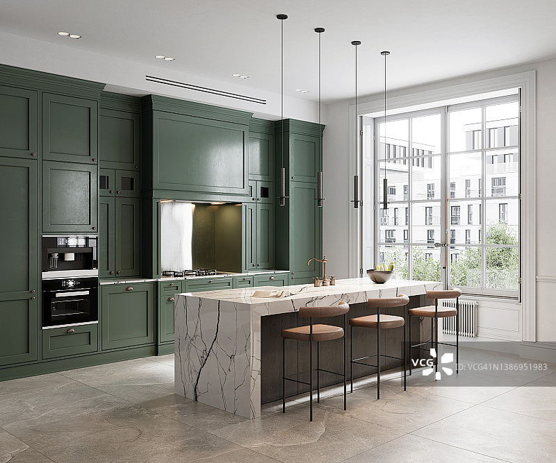 绿色墙壁简约厨房设计3D渲染图片素材