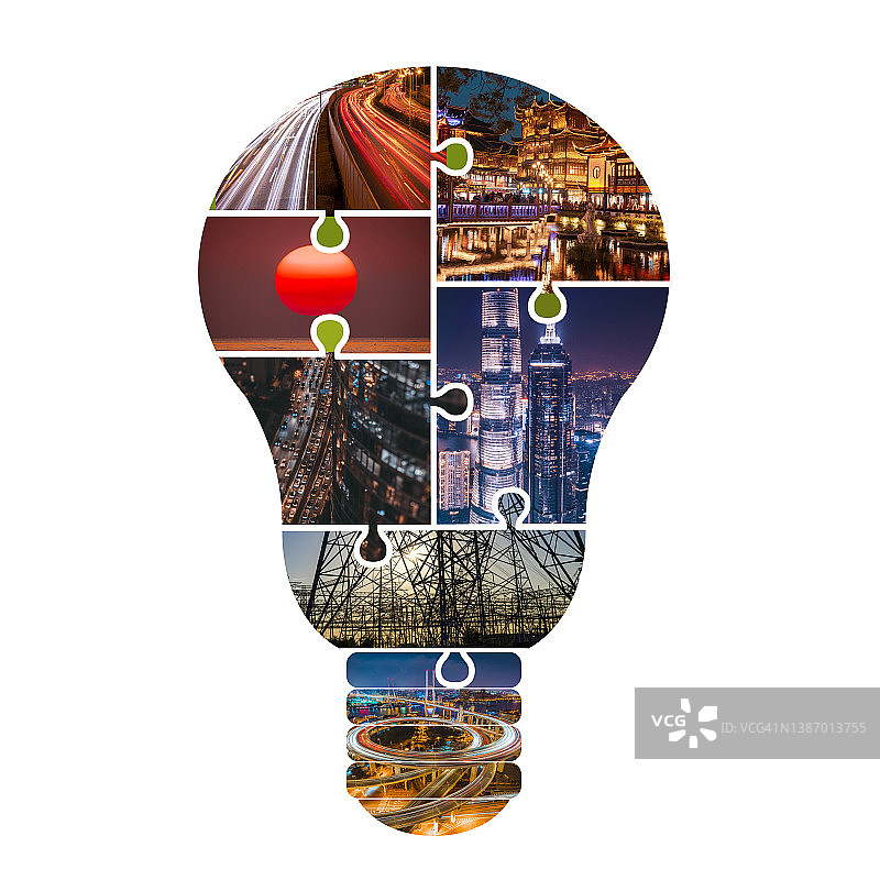 能源拼图边框：照明、交通和发电站图片素材