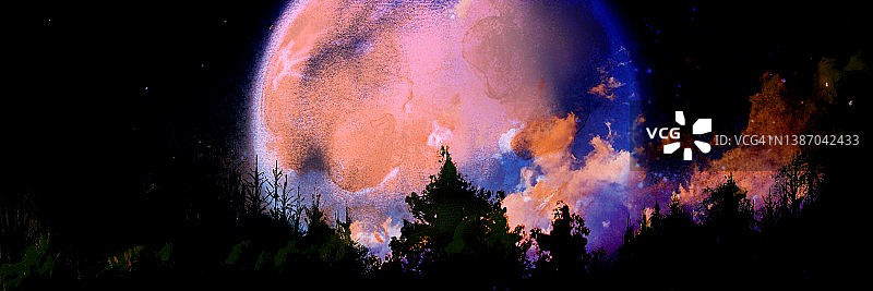 美丽的夜空和森林轮廓后的神秘月亮插画图片素材