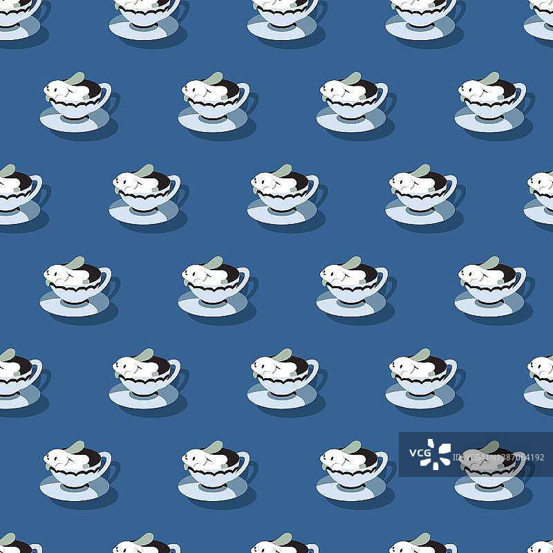 杯子里蓬松兔子矢量图形无缝图案图片素材