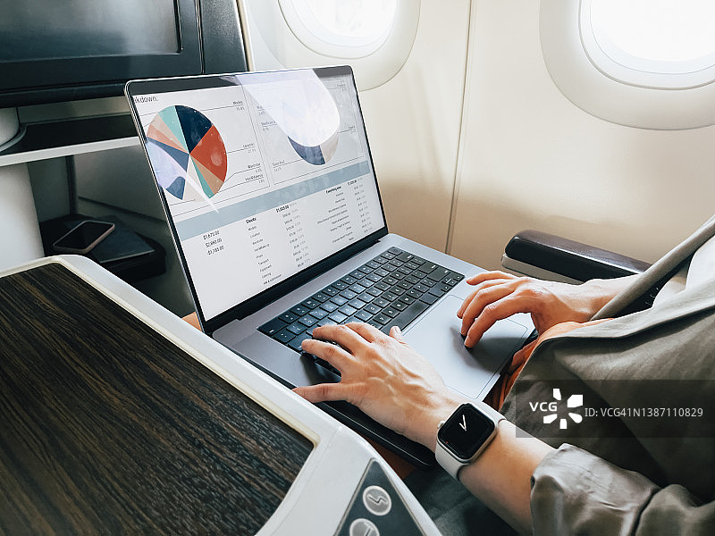 一位商务女性在飞机上用笔记本电脑工作图片素材