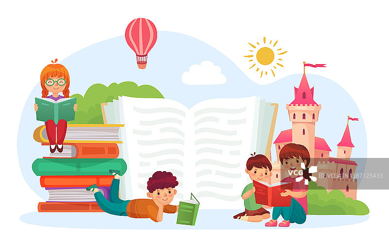 孩子们读书。男孩和女孩阅读儿童文学。可爱的角色想象着带有飞行热气球的中世纪城堡图片素材